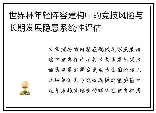 世界杯年轻阵容建构中的竞技风险与长期发展隐患系统性评估